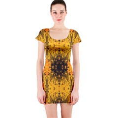 Pattern Wallpaper Background Yellow Amber Black Short Sleeve Bodycon Dress by Vaneshart