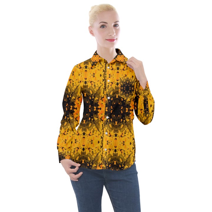 Pattern Wallpaper Background Yellow Amber Black Women s Long Sleeve Pocket Shirt