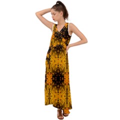 Pattern Wallpaper Background Yellow Amber Black V-neck Chiffon Maxi Dress