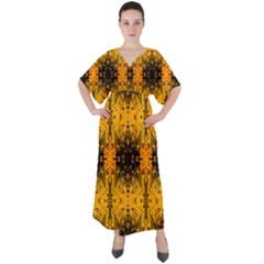 Pattern Wallpaper Background Yellow Amber Black V-neck Boho Style Maxi Dress by Vaneshart