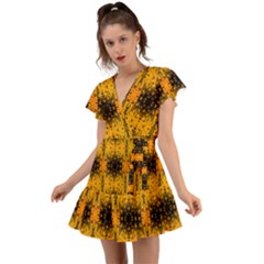 Pattern Wallpaper Background Yellow Amber Black Flutter Sleeve Wrap Dress