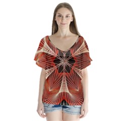 Star Pattern Red Abstract V-neck Flutter Sleeve Top by Vaneshart