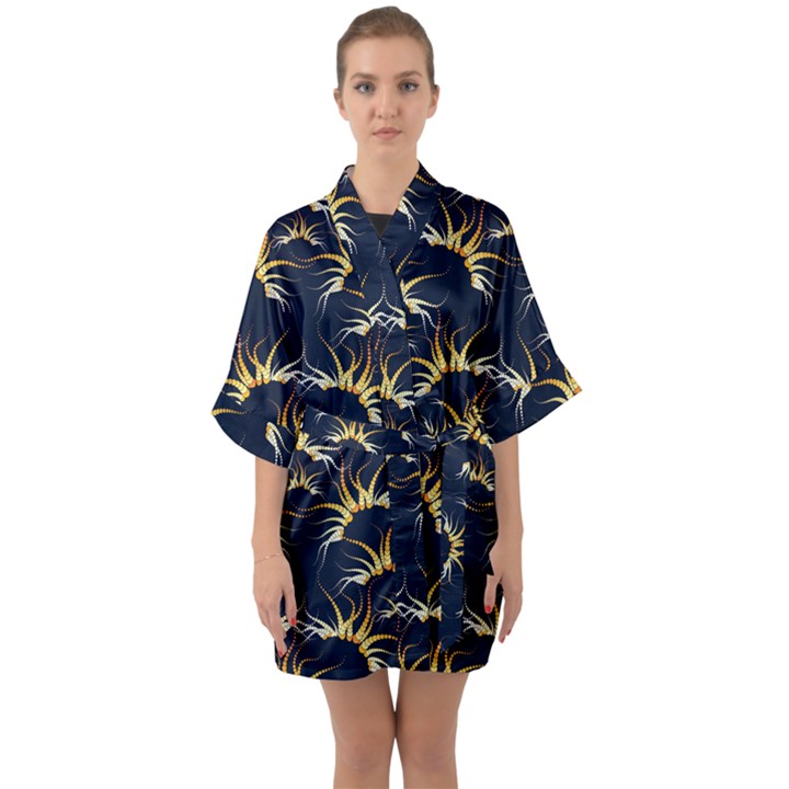 Pearl Pattern Floral Design Art Digital Seamless Half Sleeve Satin Kimono 