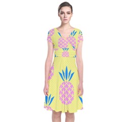 Summer Pineapple Seamless Pattern Short Sleeve Front Wrap Dress by Sobalvarro