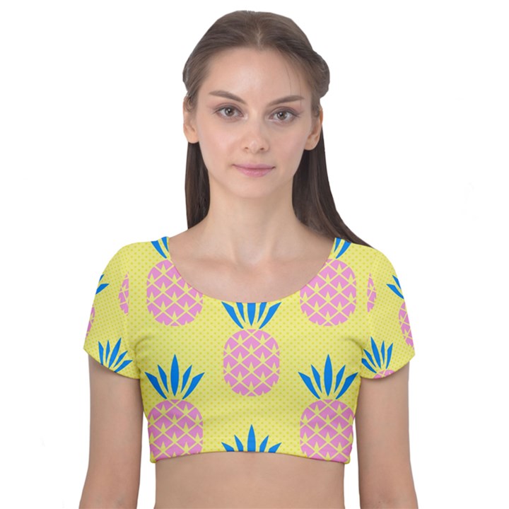 Summer Pineapple Seamless Pattern Velvet Short Sleeve Crop Top 