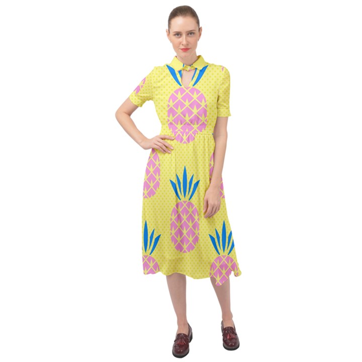 Summer Pineapple Seamless Pattern Keyhole Neckline Chiffon Dress