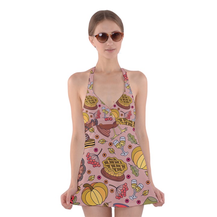 Thanksgiving Pattern Halter Dress Swimsuit 