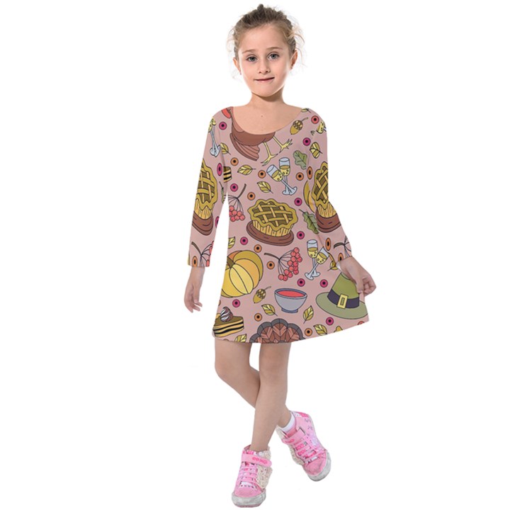 Thanksgiving Pattern Kids  Long Sleeve Velvet Dress