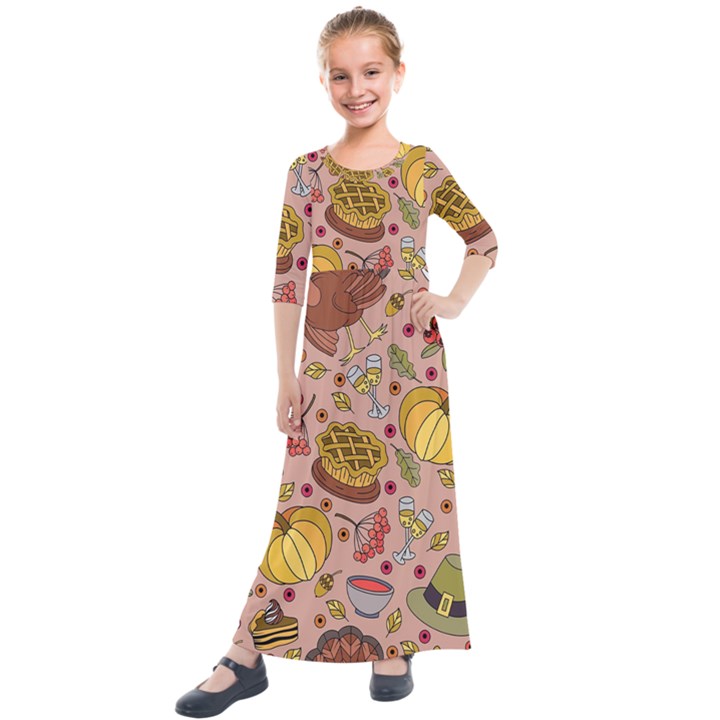 Thanksgiving Pattern Kids  Quarter Sleeve Maxi Dress