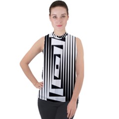 Background Black White Design Mock Neck Chiffon Sleeveless Top