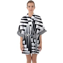 Background Black White Design Half Sleeve Satin Kimono 