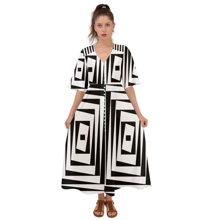 Background Black White Design Kimono Sleeve Boho Dress