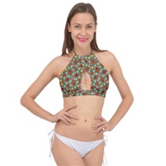 Colorful Modern Geometric Print Pattern Cross Front Halter Bikini Top by dflcprintsclothing