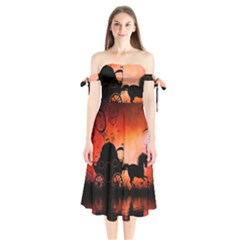 Drive In The Night By Carriage Shoulder Tie Bardot Midi Dress by FantasyWorld7