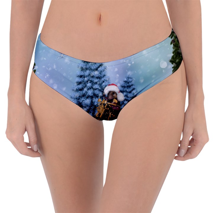 Merry Christmas, Funny Mouse On A Motorcycle With Christmas Hat Reversible Classic Bikini Bottoms