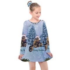 Merry Christmas, Funny Mouse On A Motorcycle With Christmas Hat Kids  Long Sleeve Dress by FantasyWorld7