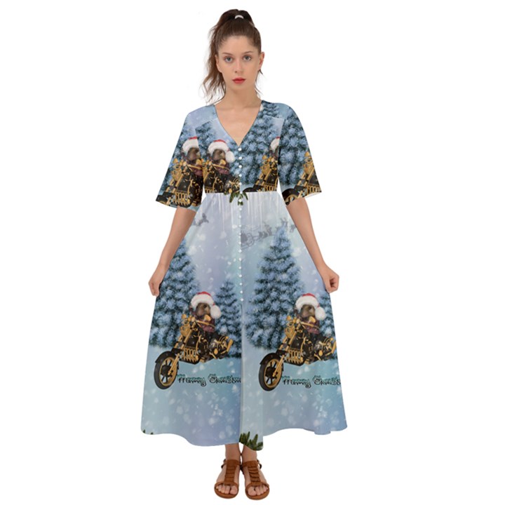 Merry Christmas, Funny Mouse On A Motorcycle With Christmas Hat Kimono Sleeve Boho Dress