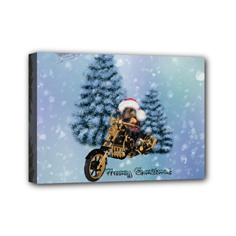 Merry Christmas, Funny Mouse On A Motorcycle With Christmas Hat Mini Canvas 7  X 5  (stretched) by FantasyWorld7