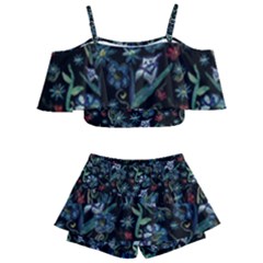 Watercolor Flowers On Black Kids  Off Shoulder Skirt Bikini