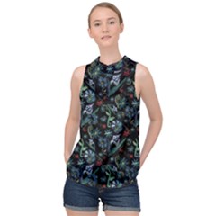 Watercolor Flowers On Black High Neck Satin Top by bloomingvinedesign