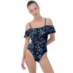 Watercolor Flowers On Black Frill Detail One Piece Swimsuit