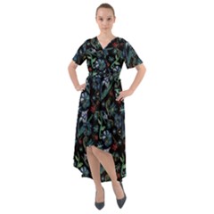 Watercolor Flowers On Black Front Wrap High Low Dress