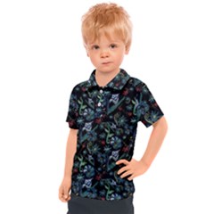 Watercolor Flowers On Black Kids  Polo Tee