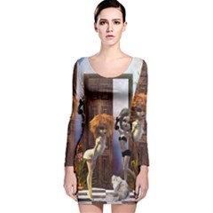 Cute Dark Fairys With Cat Long Sleeve Velvet Bodycon Dress by FantasyWorld7