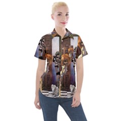 Cute Dark Fairys With Cat Women s Short Sleeve Pocket Shirt