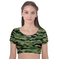 Camouflage Velvet Short Sleeve Crop Top  by designsbymallika