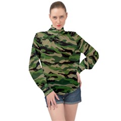 Camouflage High Neck Long Sleeve Chiffon Top