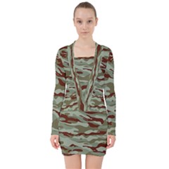 Brown And Green Camo V-neck Bodycon Long Sleeve Dress by McCallaCoultureArmyShop