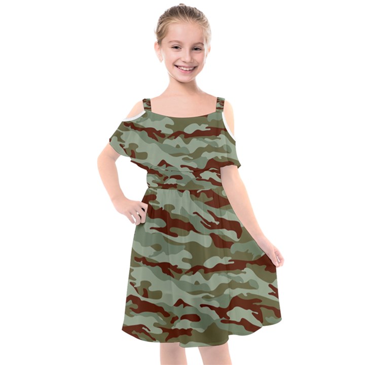 Brown and Green Camo Kids  Cut Out Shoulders Chiffon Dress