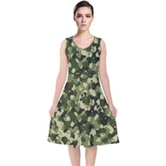 Dark Green Camouflage Army V-neck Midi Sleeveless Dress  by McCallaCoultureArmyShop