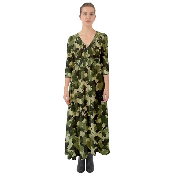 Dark Green Camouflage Army Button Up Boho Maxi Dress