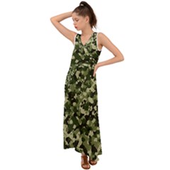 Dark Green Camouflage Army V-neck Chiffon Maxi Dress