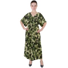 Dark Green Camouflage Army V-neck Boho Style Maxi Dress