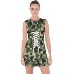 Dark Green Camouflage Army Lace Up Front Bodycon Dress