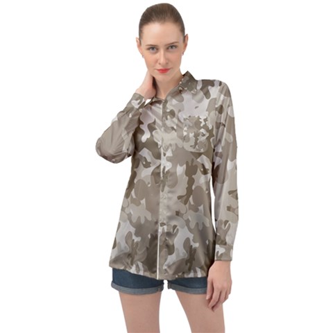 Tan Army Camouflage Long Sleeve Satin Shirt by mccallacoulture