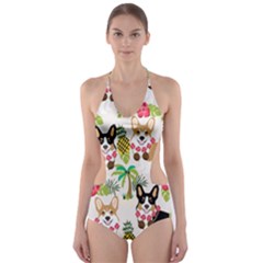 Corgis Hula Pattern Cut-out One Piece Swimsuit by Sapixe