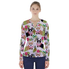 Corgis Hula Pattern V-neck Long Sleeve Top by Sapixe