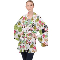 Corgis Hula Pattern Long Sleeve Velvet Kimono  by Sapixe