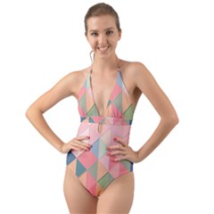 Background Geometric Triangle Halter Cut-out One Piece Swimsuit by Sapixe