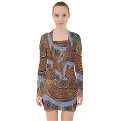 Aboriginal Traditional Pattern V-neck Bodycon Long Sleeve Dress by Sapixe