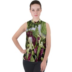 Salad Lettuce Vegetable Mock Neck Chiffon Sleeveless Top