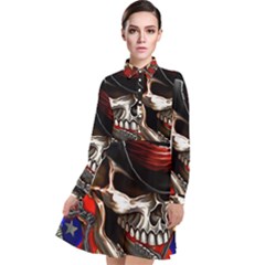 Confederate Flag Usa America United States Csa Civil War Rebel Dixie Military Poster Skull Long Sleeve Chiffon Shirt Dress by Sapixe