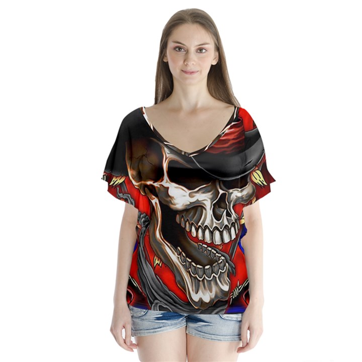 Confederate Flag Usa America United States Csa Civil War Rebel Dixie Military Poster Skull V-Neck Flutter Sleeve Top