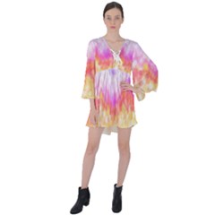 Rainbow Pontilism Background V-neck Flare Sleeve Mini Dress