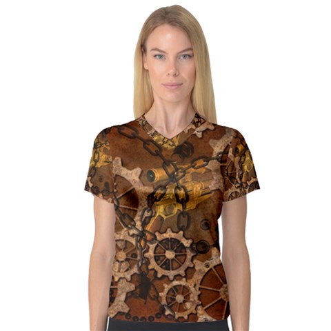 Steampunk Patter With Gears V-neck Sport Mesh Tee by FantasyWorld7