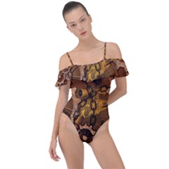 Steampunk Patter With Gears Frill Detail One Piece Swimsuit